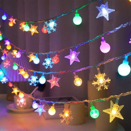 Luci natalizie da 10 m, 80 LED, luci natalizie per interni, 8 modalità di illuminazione, sfera di cristallo/stelle/fiocchi di neve/piccole palline per albero di Natale, cortile colorato