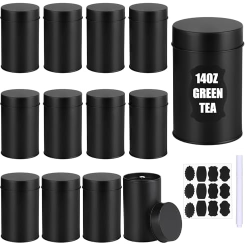 12 Pcs Tea Tin Canisters with Double Airtight Lids 14 oz Round Black Metal Tea Sugar Coffee Canisters Set Include Labels Marker Small Coffee Caddy Kitchen Container Storage for Loose Leaf Teas Spices