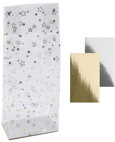 Ideen mit Herz Blockbodenbeutel Sterne | Folien-Druck gold | elegante Geschenk-Verpackung | Keks-Tüte | mit extra Einlegeboden | lebensmittelecht | 10 cm x 6 cm, 25 cm | 30 Stück
