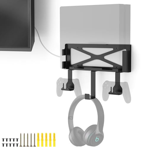 Wall Mount Compatible for PS4,Metal Wall Mount Compatible for PS4 Original (Old Model), Mount on The Wall or on The Back of The TV,with 2 Controller Holder & Headphone Hanger