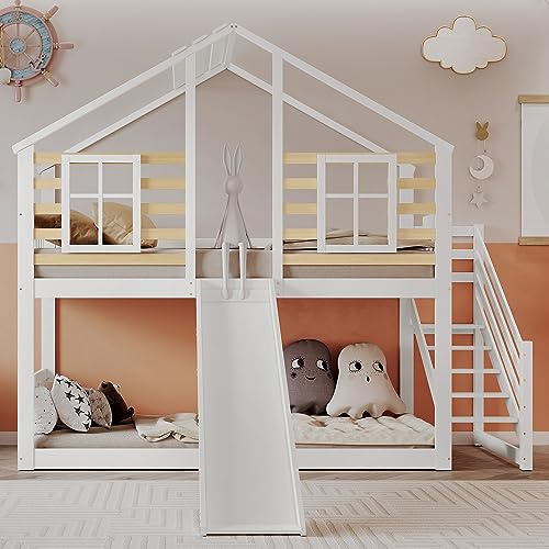 A ALFRESCOOL Cama infantil de 90 x 200 cm, cama alta con tobogán y escalera, con rejilla de seguridad y ventana, diseño de cabaña de madera maciza, con protección contra caídas, color blanco