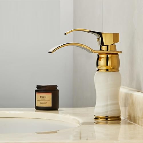 european-style all-copper hot and cold water faucet antique bathroom marble jade faucet golden waterfall type, elegant white jade