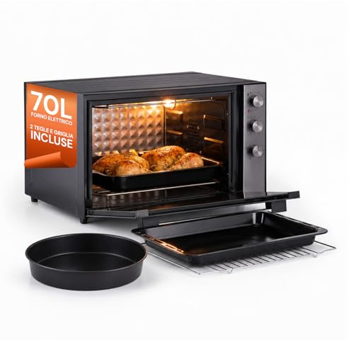 Wintem - Forno Elettrico Ventilato XXL 70L 2500W con Doppia Resistenza, Timer, Griglia e Teglia Incluse, Cottura Combinata e Superiore fino a 230°C