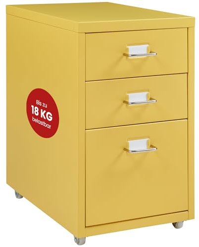 [en.casa] Rollcontainer Kökar Schubladenschrank Metall Aktenschrank mit 3 Schubladen Bürowagen mit Rollen für Arbeitszimmer 48 x 28 x 41 cm Gelb