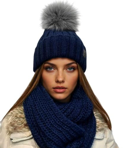 Solvera_Ltd Mütze und Schal Set Damen Wintermütze Strickmütze & Loop, Winter Beanie mit Bommel 2-in-1, Warm Kuschelig Wintermützen (Blau)
