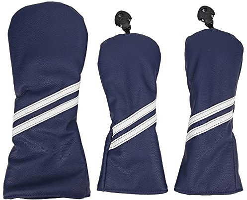 Trä Headcover Set | PU All - Weather Driver Head Covers 1/3 / 5 | Randig design med justerbara nummerkort för huvudvård (Blue)