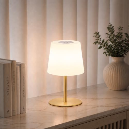 EZVALO Kabellose Tischlampe LED, IP65 Wasserdicht, 4500mAh USB-C, Touch-Dimmbar mit 3 Farbtemperaturen, Perfekte Nachttischlampe, Campinglampe & Tischleuchte für Outdoor und Innen (Golden, 1 Stück)