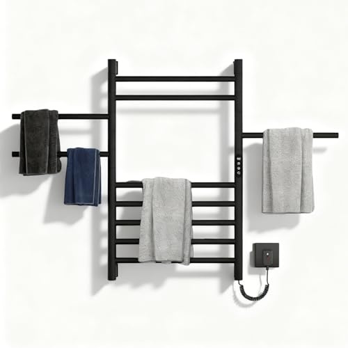 Scaldasalviette Elettrico, Rotazione di 180°, 250W Portasciugamani Elettrico da Parete, Display LED, Touch Control, Scaldasalviette Termoarredo Elettrico, Timer e Temperatura Regolabile(Nero)