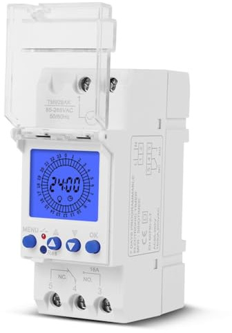 Gettimore Minuteur analogique intelligent 24 heures avec batterie remplaçable, relais 16 A, 85-265 V AC, écran LCD rétroéclairé, montage sur rail DIN 35 mm, 96 programmes, intervalle de 15 min, pour