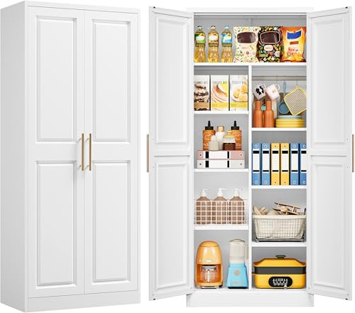 SISESOL 71 Tall Storage Cabinet with 9 Shelves and Hanging Rod,Kitchen Pantry Cabinet with 2 Door,White Metal Storage Cabinets,Large Cupboard for Home,Kitchen,Laundry,Bathroom