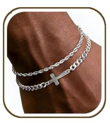 RANKEEF 2Pcs Silver Bracelet for Men with Cross Mens Bracelets Set