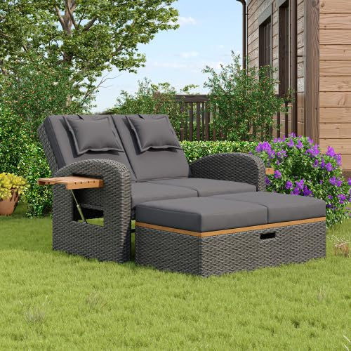 Merax Garten-Lounge-Sessel-Set für 2 Personen – Graues Rattan, verstellbare Rückenlehne, Stützfuß, mit Fußhocker oder als Outdoor-Bett, inkl. Kissen und Sitzpolster, wetterfest für Balkon & Garten