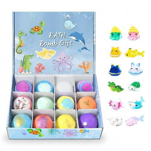 Bombe da bagno con giocattoli all'interno, Bombe da bagno per bambini con giocattoli all'interno - Confezione da 12 naturali per bambini con sorpresa, a tema creature marine