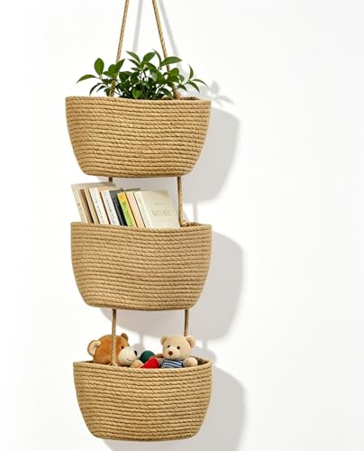 3-Tier Door Hanging Baskets, Cotton Rope Woven Storage Baskets Wall Mount Hanging Decorative Basket For Indoor Bedroom Bathroom Nursery (Khaki)