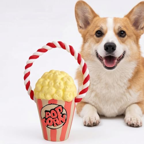 InekoAgua Squeaky Latex & Cotton Rope Dog Toy - Durable Natural Rubber Novelty Popcorn Bucket with Teething Rope Ring for Fetch, Tug & Dental Care, for Puppies, Small & Medium Dogs