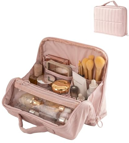 3.8L Kulturtasche Damen, Reisekosmetiktasche für Reise Gadgets Zubehö | klappbarem Deckel, herausnehmbaren Trennwänden, steht von selbst stabil, mit Elastikfächern