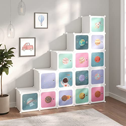 Ordellia Kinderschrank Modular mit 15 Würfeln Weiß PP Kunststoff Stahlrahmen 155x31,5x154 cm Stecksystem mit Türen und Holzhammer für Ordnungssystem Kinderzimmer Stauraum Organizer
