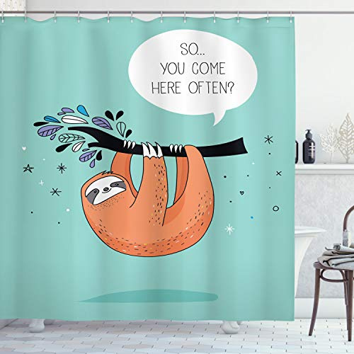 ABAKUHAUS Faultier Duschvorhang, Flirty Sloth Cartoon, Stoffliches Gewebe Badezimmerdekorationsset mit Haken, 175 x 200 cm, Orange Meeresschaum