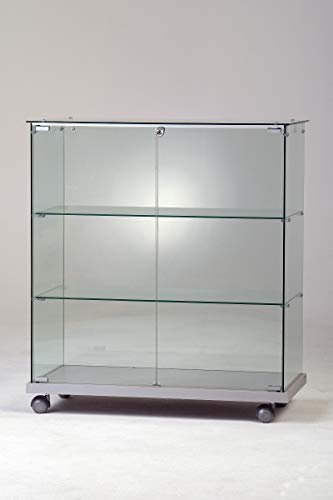 MHN Halbhohe Glasvitrine ohne Rahmen T 40 x B 80 x H 90 cm - breite Thekenvitrine Glas abschließbar - Flache Alu-Glas Verkaufsvitrine - ohne Beleuchtung