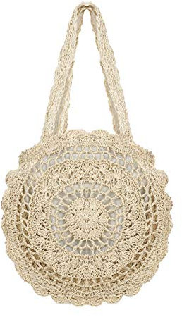ISIYINER Stroh Handtasche Sommer Strandtasche Runde Vintage Handarbeit Umhängetasche Kreis Böhmische Handgewebt Schultertaschen für Frauen Reisen Urlaub Freizeit Geflochten Tasche