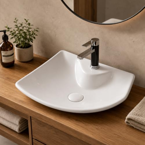 Art-of-Baan Premium Waschbecken eckig - Hochglanz Aufsatzwaschbecken - Keramik-Becken für Waschtisch - Waschschale weiß - 485 x 385 x 140 mm