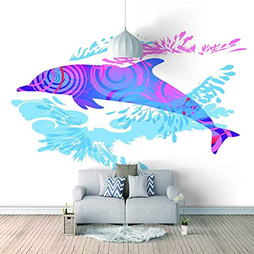 FVGKYS Wandbilder Schlafzimmer Erwachsene Kinder Tapete Plakate 3D Lila Tier Delphin Selbstklebend Wandgemälde Wandtattoo Kunst Dekoration Für Wohnzimmer Küche Wanddekoration 200x150cm