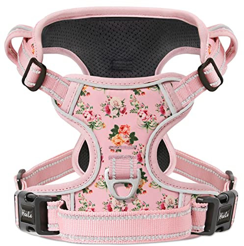 HEELE Large Dog Harness with Soft Padded Handle, Reflective, No Pull for Outdoor Training Walking, Flower-Pink, L