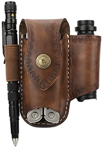 TOURBON Multitool Leather Sheath EDC Pocket Organizer Belt Pouch for Flashlight Pen Knife Holster