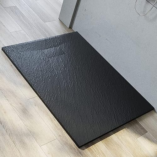 SMC Duschwanne 140x90 cm, ‎Schwarz mit Siphon, Flach, Rutschfeste Struktur | Inklusive Ablaufgarnitur Ø 90 mm | Duschtasse flach | Spezielles Design für eine versteckte Ablaufgarnitur