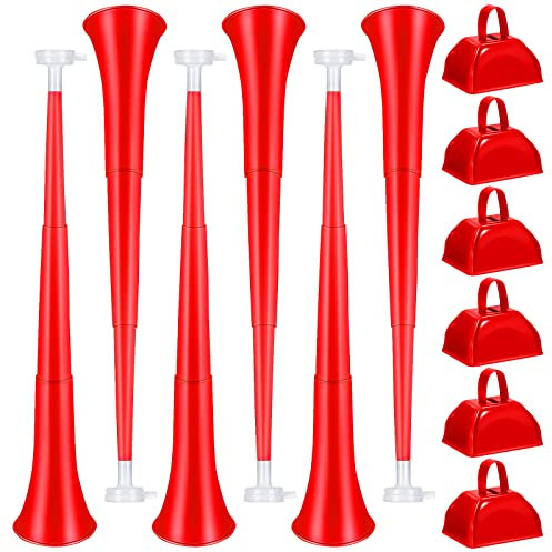 Treela 12 Pcs Collapsible Stadium Horn and Metal Cowbells 24 Inch Vuvuzela Horn Blow Plastic Trumpet Cow Bells with Handle Noisemakers for Sporting Events Graduation Games School Sports Party(Red)