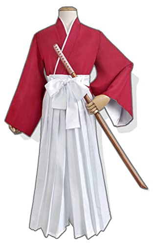 Japansk traditionell kimono Samuraj Hakama Bushi Uniform Edo Period kostym halloween fest cosplay outfit (10-röd, XL)