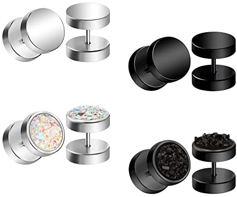 AceFun 16G 4 Paires Noir Argent Ronde Clou Piercing Tragus Faux Oreille Bouchons Acier Inoxydable Fausses Tunnel Doucles D'oreilles Plugs Hommes Femmes