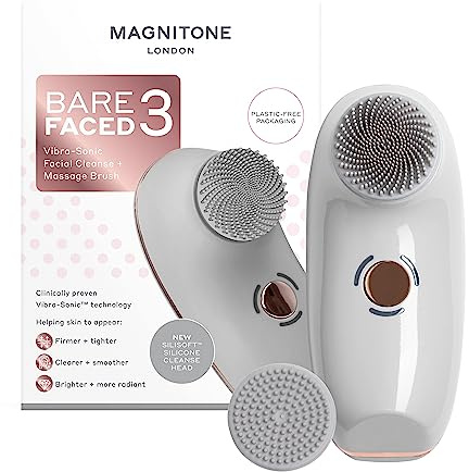 MAGNITONE BareFaced3 Vibra-Sonic Facial Cleanse + Massage Brush, Rechargeable Electric Face Brush, Gentle + Deep Cleanse + PulseLift Massage, Skin is Firmer, Tighter, Clearer, Smoother & More Radiant