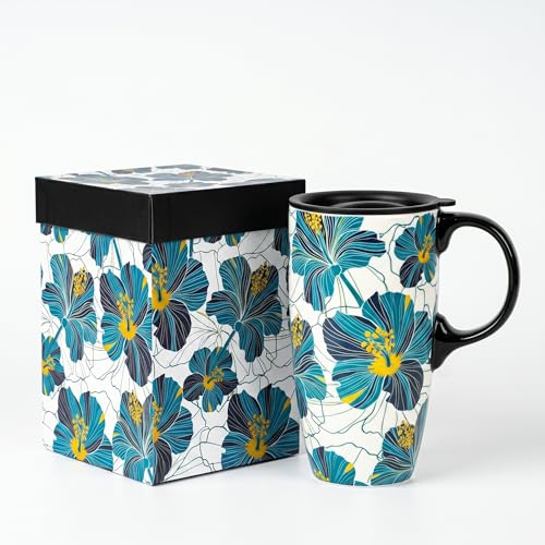 DUSVALLY Tazas de café de cerámica de viaje, taza de café de porcelana con tapa y caja de regalo, taza de café alta, 17 onzas, floral azul