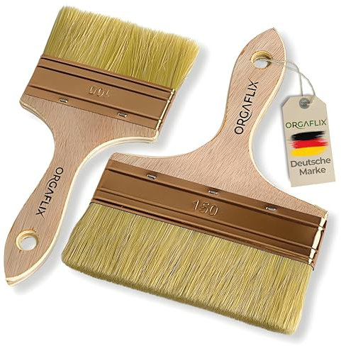ORGAFLIX Pinceau plat 150 mm + 100 mm pour huile, vernis, lasure, teinture, acrylique, peinture à la craie – Parfait pour les grandes surfaces, pinceau à lasure en bois extérieur, pinceau à huile en