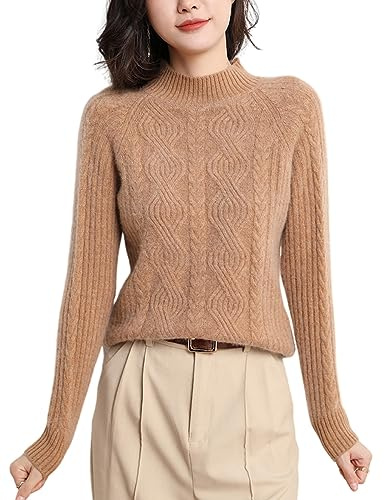 DISSA Pull Cachemire Femme Col Montant Torsade,Kaki,42