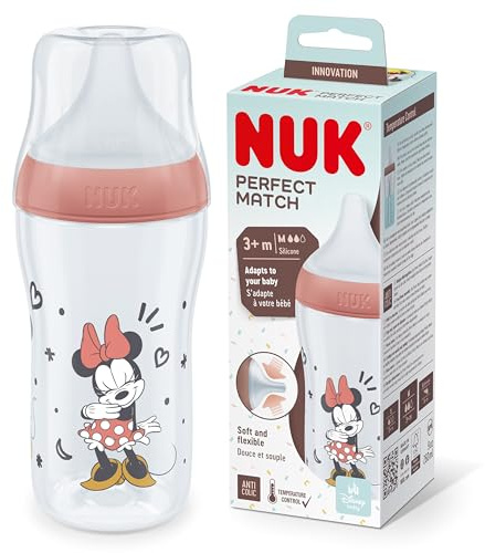 NUK Perfect Match Baby Bottle | 3+ Months | Adapts to Baby's Palate | Temperature Control | Anti Colic Vent | 260 ml | BPA-Free | Medium Silicone Teat | Disney Mickey Mouse [Red]