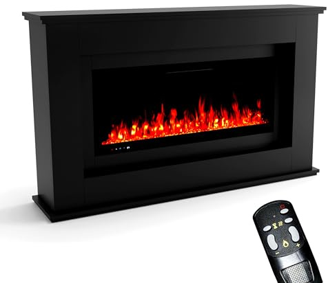 GF Core Elektrokamin mit Heizung und Kaminfeuer (Standkamin Rhea) - elektrischer Kamin mit LED-Feuer in 5 Farben, Heizlüfter, Deko & Fernbedienung - 158x97x33 cm, Schwarz