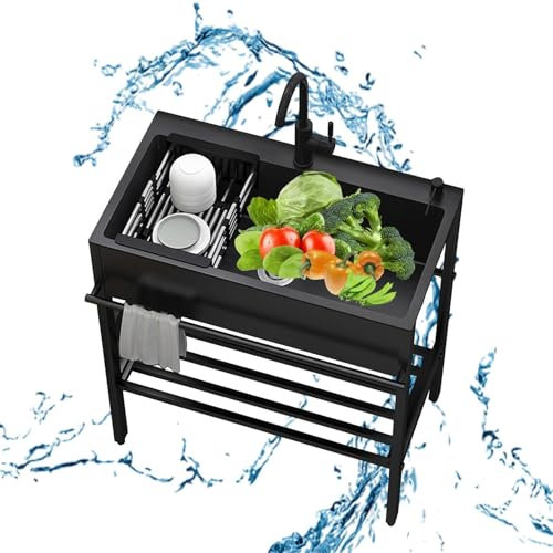 Freistehende Edelstahl Spültisch, Outdoor Spüle Küchenspüle Mit Wasserhahn, Mobiles Waschtisch Mit Armaturen, Camping Waschbecken, Industrie Komplettspüle, Für Badezimmer, Garage, Hotel, Camping (Siz