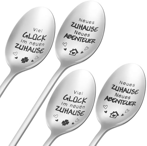 Huiguli 4 Stück Einweihungsgeschenk Kaffeelöffel mit Gravur, Edelstahl Kaffeelöffel mit Geschenkbox, Einweihungsgeschenk zum Einzug ins Neue Haus, Einzugsgeschenke Wohnung für Frauen Männer