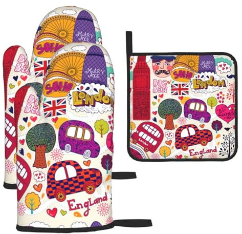Ofenhandschuhe und Topflappen-Set (3-teilig), hitzebeständige Küchenhandschuhe, Ofenhandschuhe, Schulzeitung in englischer Sprache