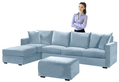 SYLC Samt Couch überzug L Form Sofabezug Ecksofa, Sofa Cover L Shape Stretch Mit Sitzkissen Rückenlehne, Universal Sofaüberwurf Waschbar (Light Blue,Sofabezug 185-230cm)