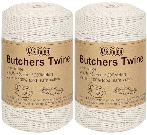 Vivifying 2pcs Butchers String, 656 Feet /200M 3ply Cotton Butchers Twine, 2MM Food Safe Cooking String for Tying Meat, Kitchen Twine for Making Sausage and Trussing Poultry (White)