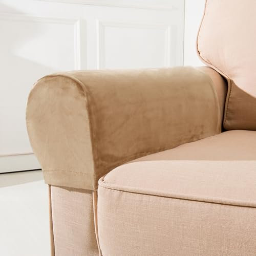 XIEHUZA Armrest Covers, Set of 2 Stretch Armchair Couch Armrest Chair Covers Anti-Slip Sofa Chair Velvet Arm Caps for Chair Furniture Protector Sofa Couches Recliner (Sand)