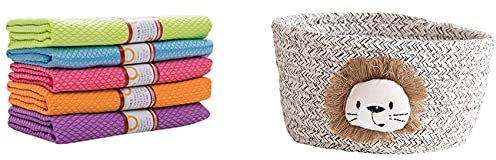 Goorvoucs 1x Animals Woven Storage Basket Brown Lion & 5PCS Quick Dry Lint Free Cleaning Cloth Fish Scale Microfiber Cleaning Rags