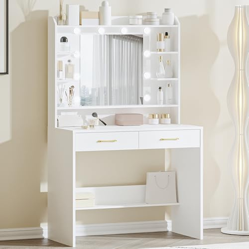 Hzuaneri Dressing Table with Mirror and Light, 2 Drawers Vanity Desk, White