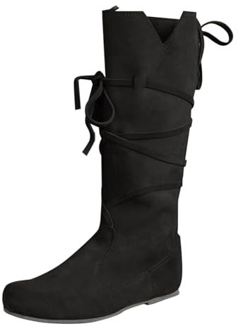 Winterstiefel Damen Herren Flach Hohe Stiefel | Mittelalterliches Renaissance SchnüRstiefel | Retro Rutschfest Schlupfstiefel Langschaft Stiefel FüR Frauen | Round Toe Cowboystiefel Damenstiefel