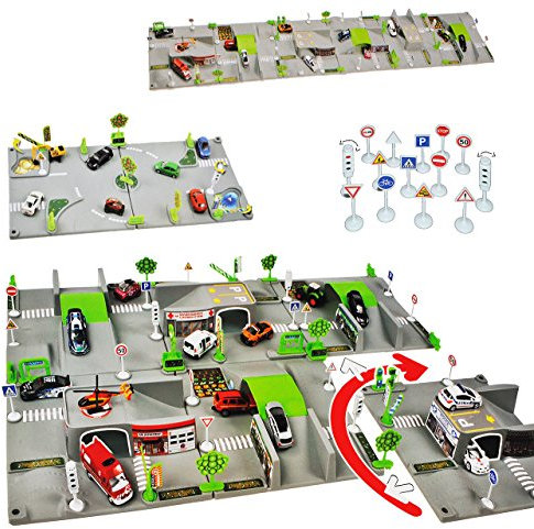 alles-meine.de GmbH Komplettset: XXL 3-D Spielmatte Straße - 6 Teile mit Brücke - 1/64 - Tunnel Feuerwehrstation - Polizei - Verkehrszeichen + Zubehör - für Auto/Fahrzeuge für ..
