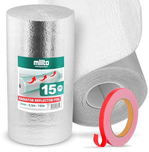 Lámina Aislante de Radiator Aluminio Reflectante 15m x 0,5m x 3mm | Rollo de Aislamiento de Calor Térmico Panel Pared Reflector en Hoja Barrera Protección Frío Cinta Adhesiva Doble