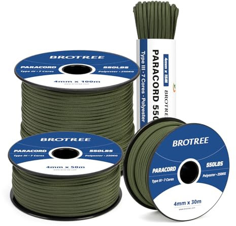 Brotree 550 Paracord 4mm 15m Schnur 100% Polyester Seil Reißfest Typ III 7 Kern für Armbänder, Basteln, Outdoor, Camping, Survival - Armee Grün